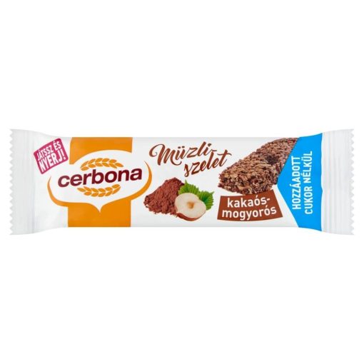 Baton musli cu cacao și alune Cerbona, fără zahăr adăugat, cu îndulcitori - 20 g