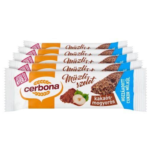 Baton musli cu cacao și alune Cerbona, fără zahăr adăugat, cu îndulcitori - 5 x 20 g / Pachet de gustări